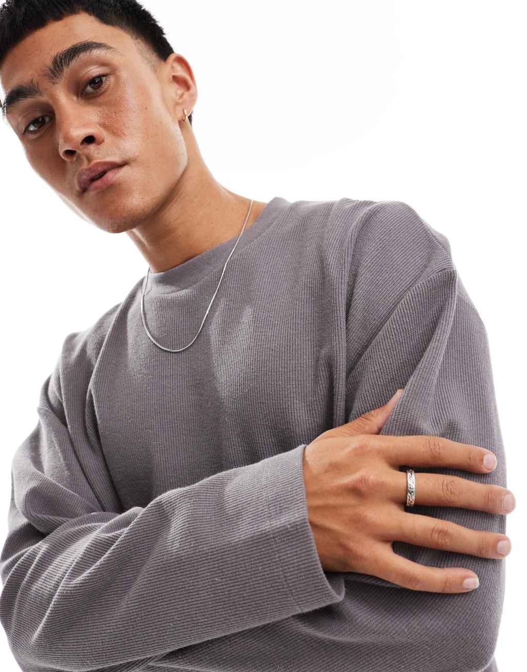 ASOS DESIGN oversized long sleeve textured t-shirt with side slit in charcoal Product Image