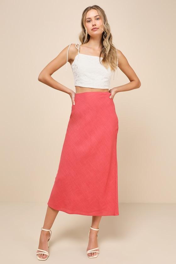 Summery Cutie Rusty Rose Linen High-Waisted Midi Skirt product image