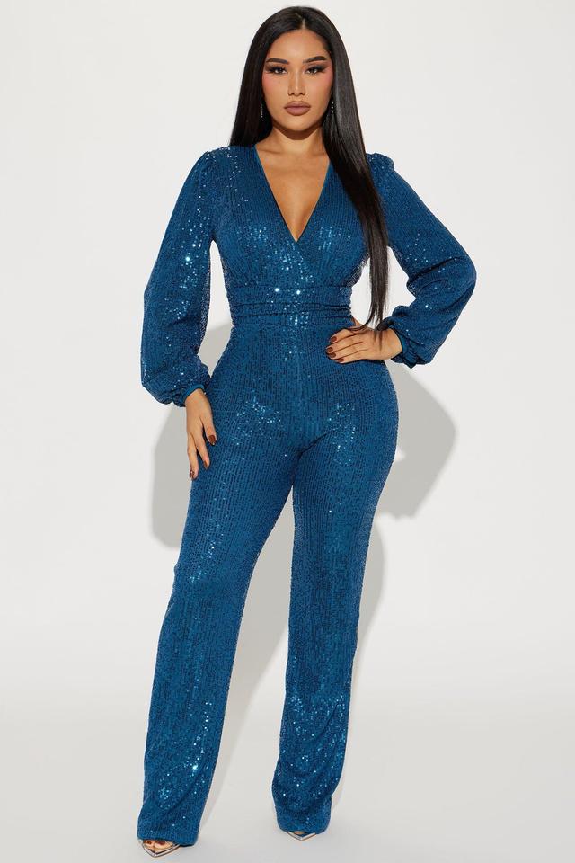 Spice It Up Sequin Jumpsuit - Teal Product Image