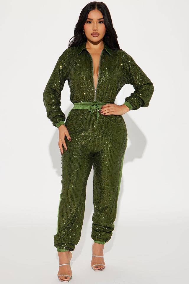 Only Your Sparkle Sequin Jumpsuit - Olive Product Image