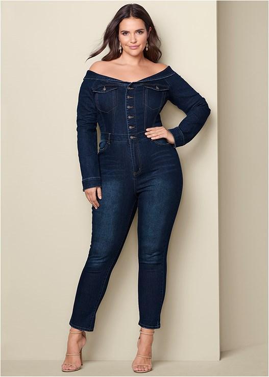 Off-The-Shoulder Denim Jumpsuit Product Image