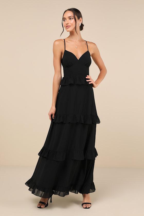 Captivating Class Black Ruffled Tiered Lace-Up Maxi Dress Product Image