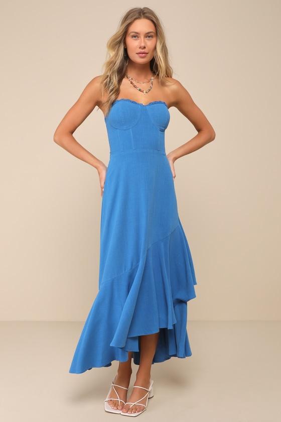 Gorgeous Event Blue Linen Ruffled Strapless Bustier Midi Dress product image