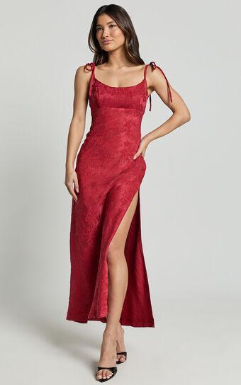 Romarie Maxi Dress - Tie Shoulder Backless Jacquard Dress in Red Product Image