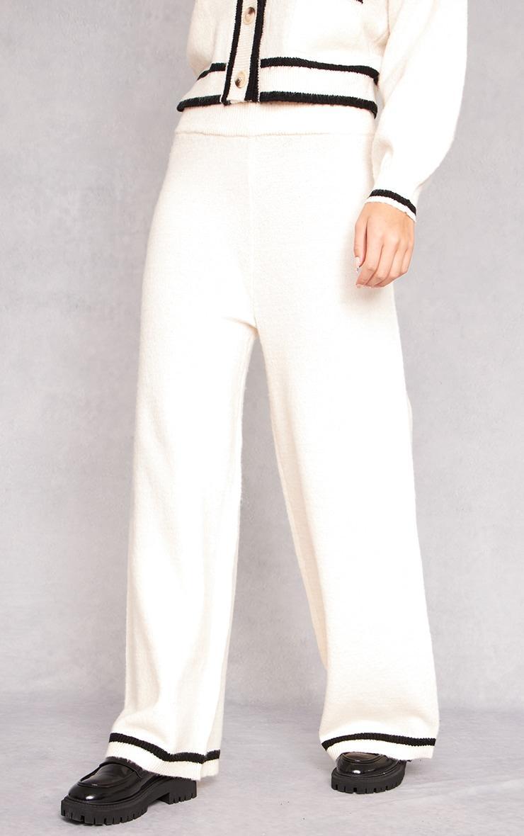 Cream Soft Knit Contrast Stripe Detail Wide Leg Pants Product Image