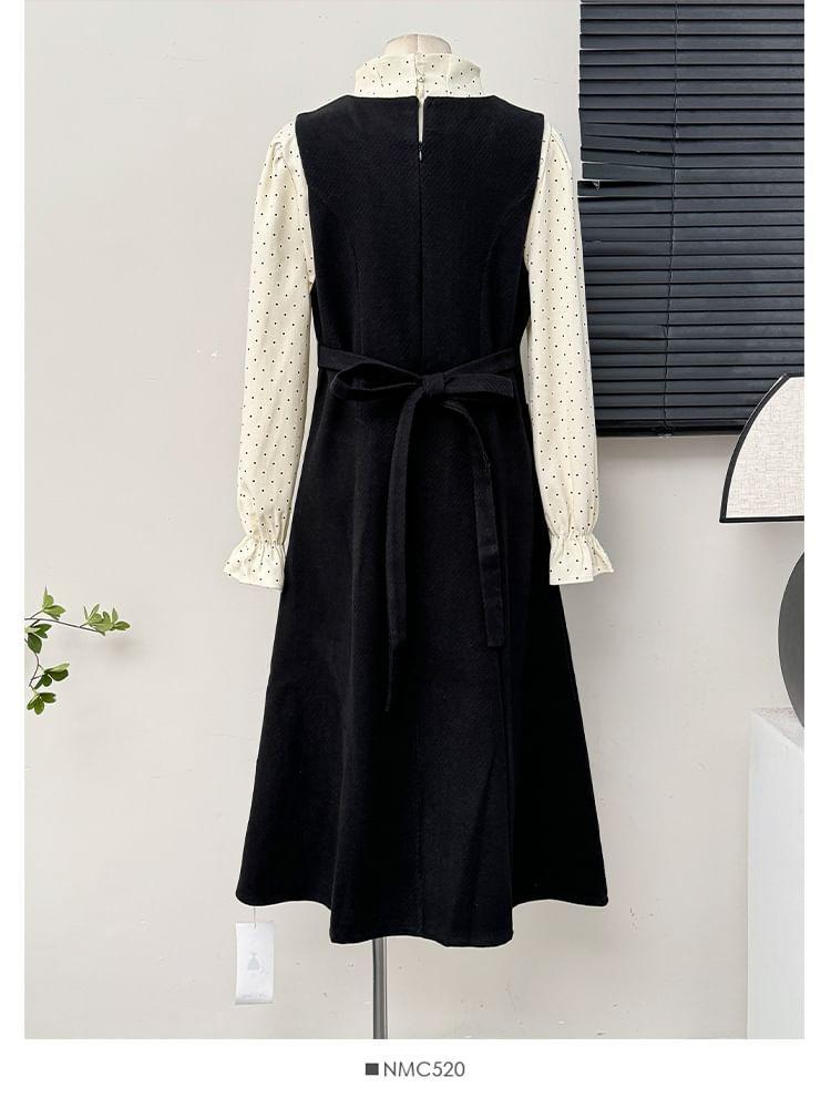 Sleeveless V-Neck A-Line Dress / Mock-Neck Dotted Loose Blouse Product Image