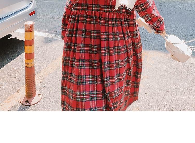 Long-Sleeve Round Neck Plaid Midi Tunic Dress Product Image