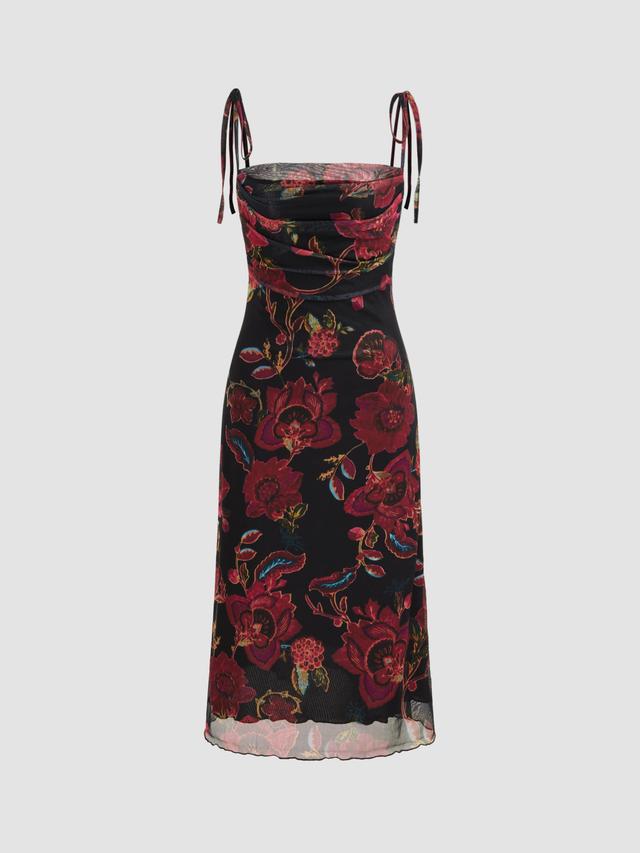 Square Neck Floral Knotted Midi Dress Product Image