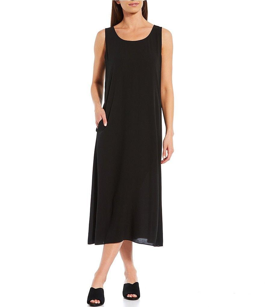 Eileen Fisher Silk Georgette Crepe Scoop Neck Sleeveless Pocketed Shift Midi Dress Product Image