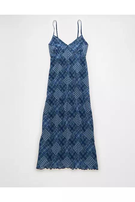 AE Mini Mesh V-Neck Plaid Slip Midi Dress Women's Product Image