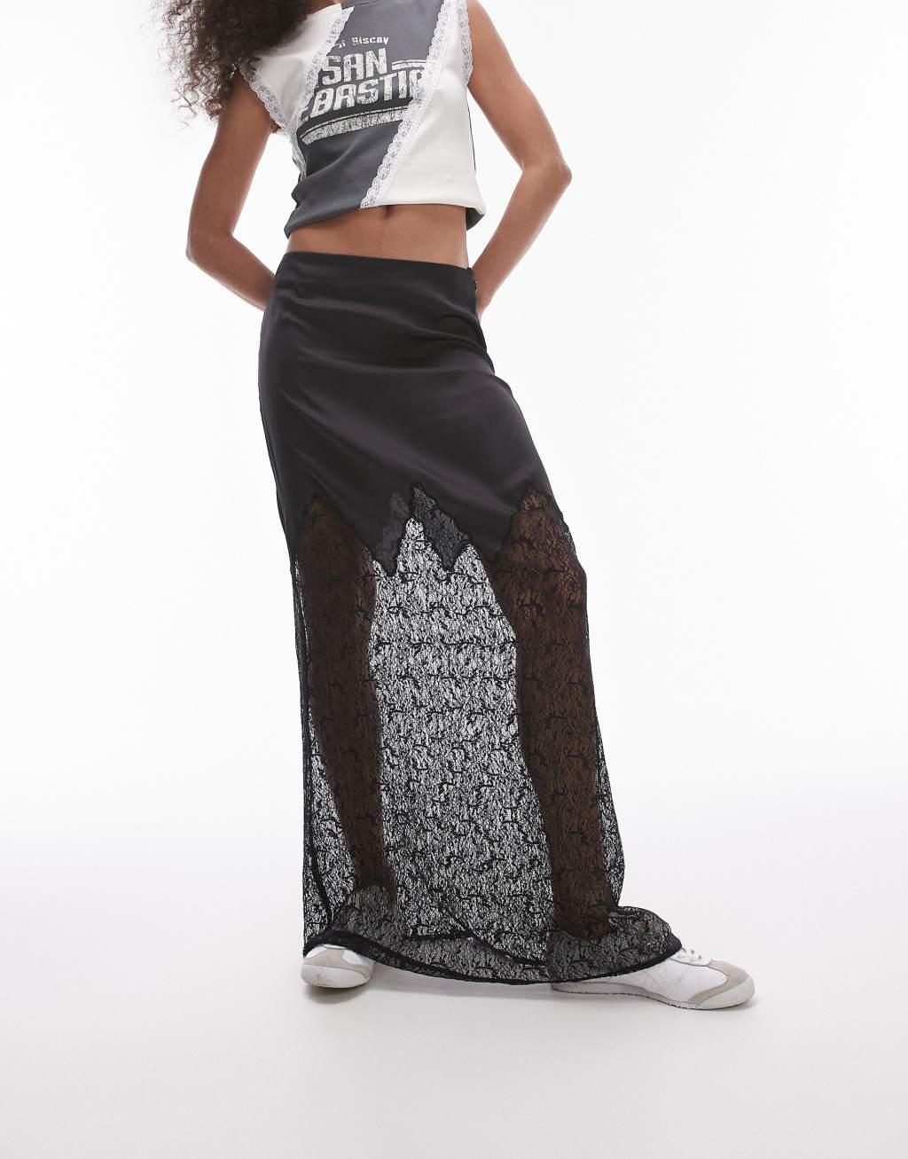 Topshop satin lace mix maxi skirt in black product image