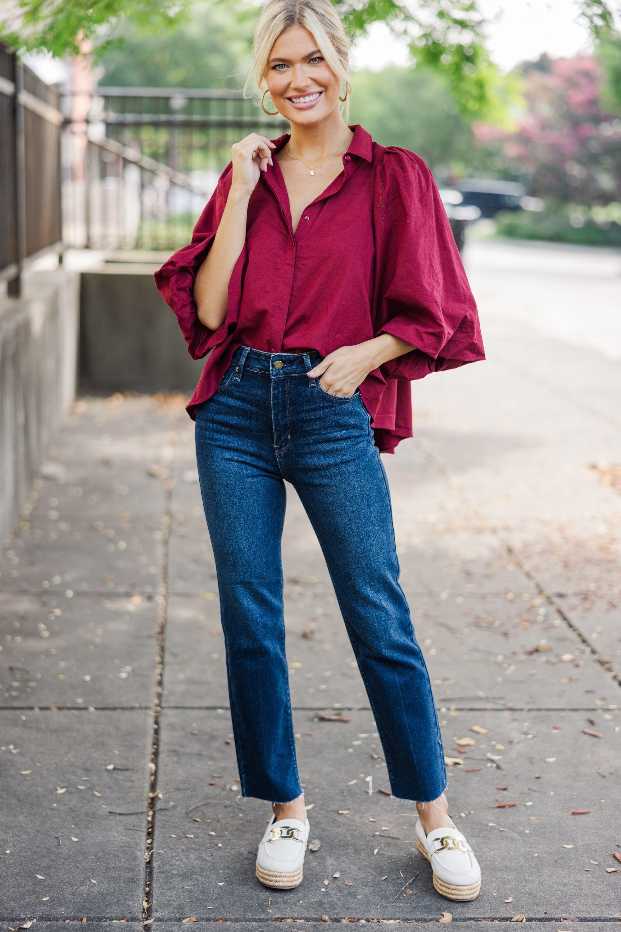 Let's Run Burgundy Red Bubble Sleeve Blouse Female Product Image