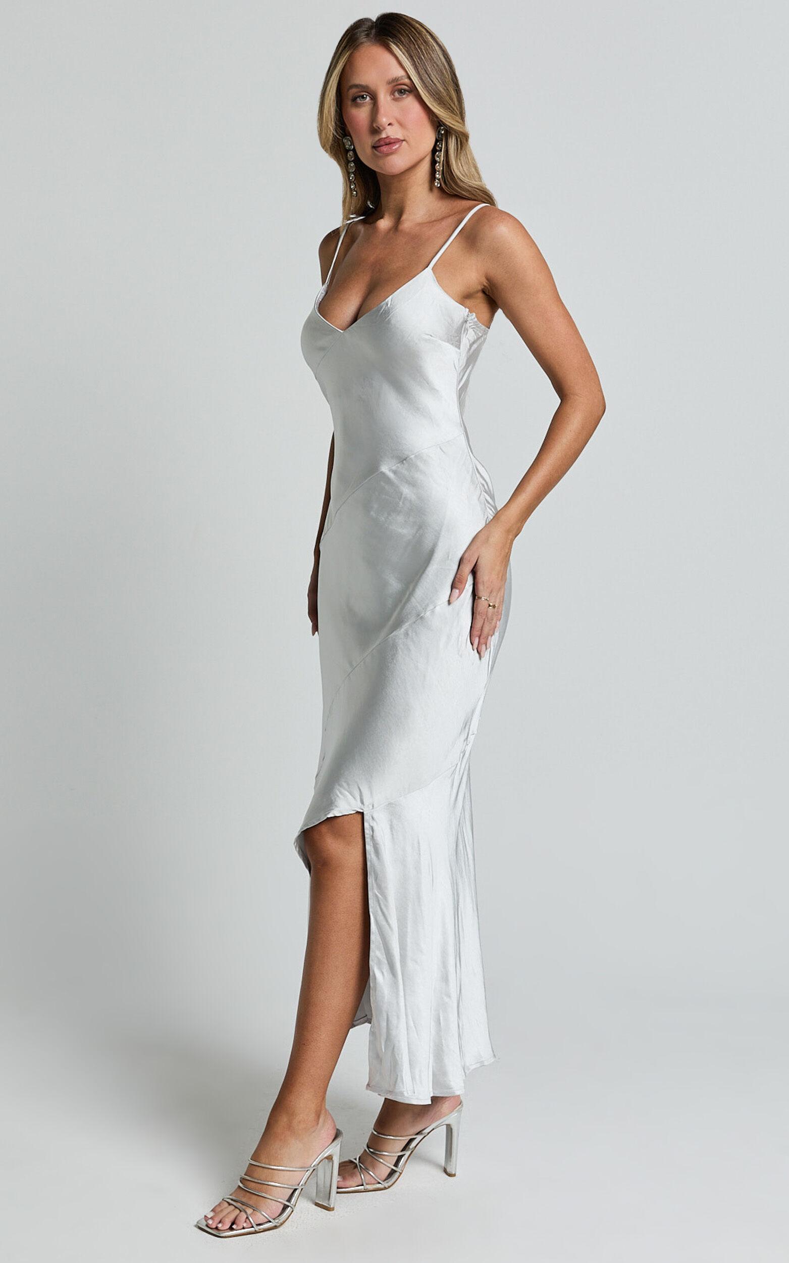 Ylona Maxi Dress - Asymmetric Draped Bias Cut Satin Slip Dress in Oyster Product Image