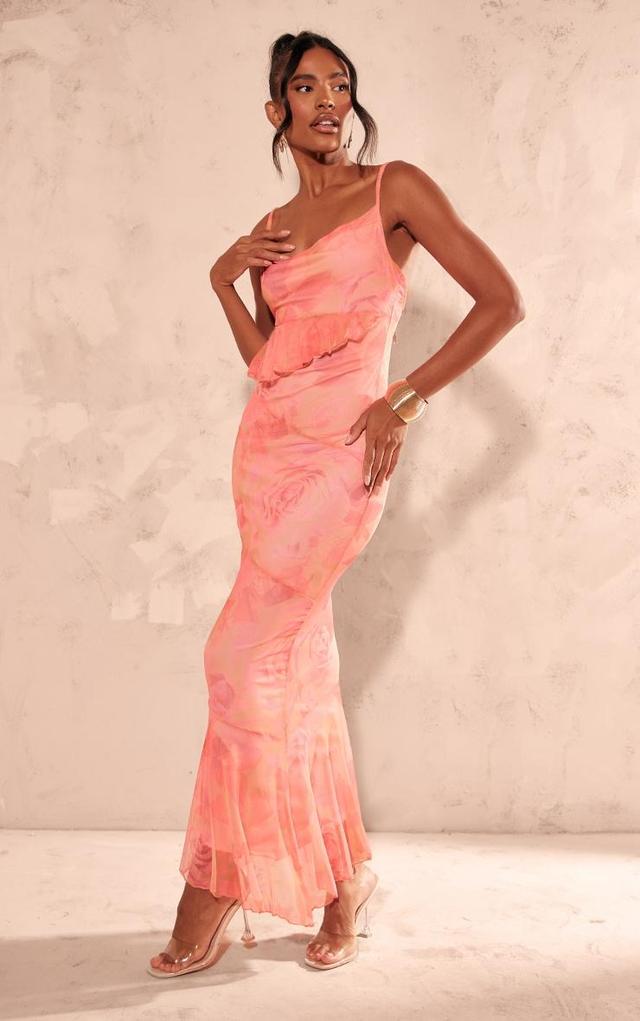 Pink Printed Mesh Frill Cowl Back Maxi Dress Product Image