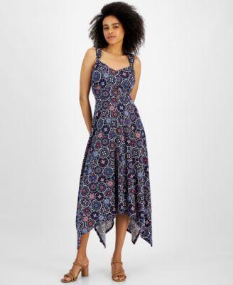 Petite Printed Knot-Strap Asymmetric-Hem Dress Product Image