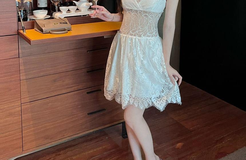 Sleeveless V-Neck Lace Mini A-Line Dress Product Image