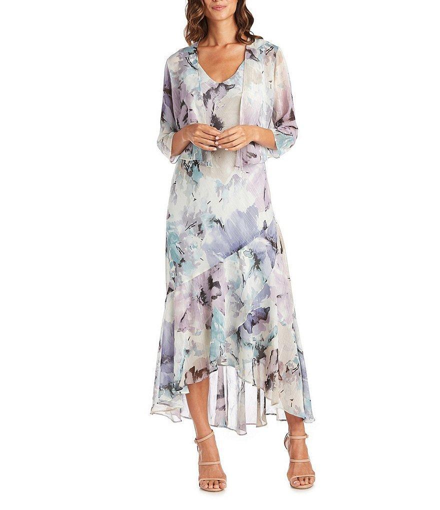 R & M Richards Watercolor Floral Printed Chiffon V-Neck Tiered Ruffle High-Low Hem 3/4 Sleeve 2-Piece Jacket Dress Product Image