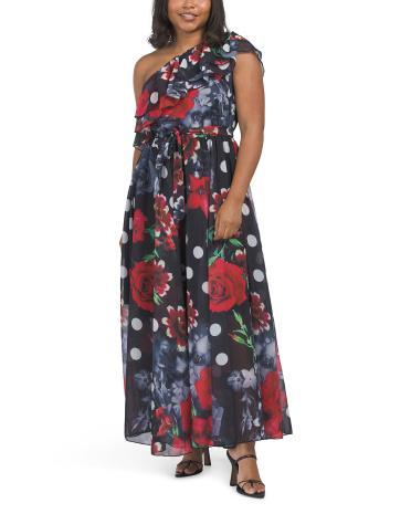 One Shoulder Floral Polka Dot Maxi Dress for Women | Polyester/Spandex Product Image