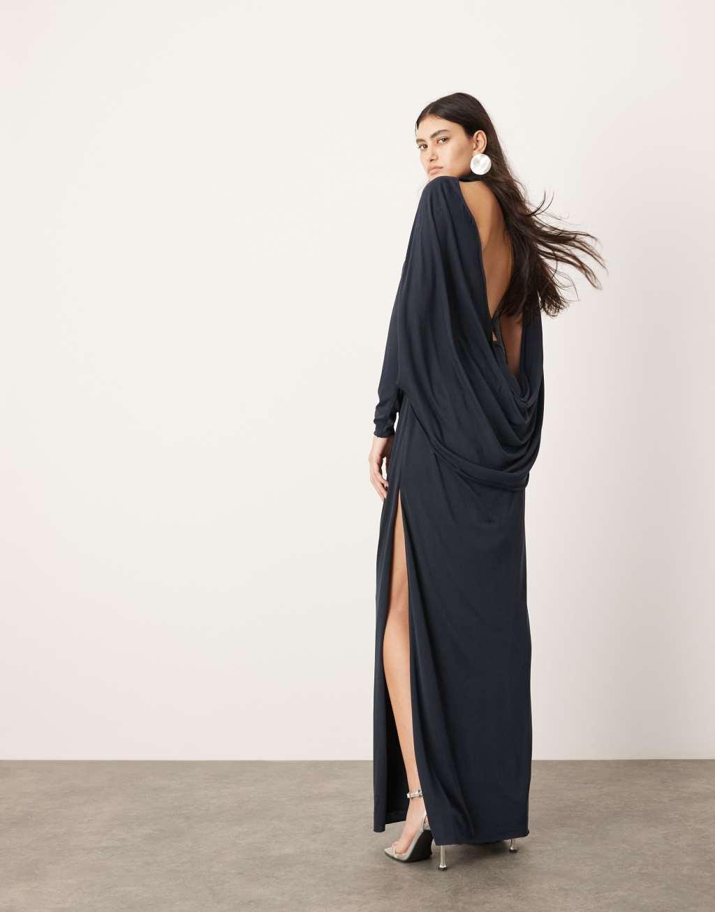 ASOS EDITION premium cowl back high neck maxi dress in dark blue Product Image