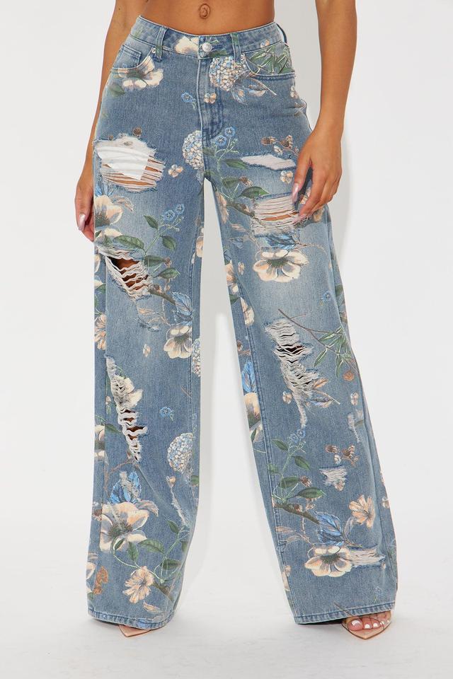 Blooming Love Floral Ripped Wide Leg Jeans - Medium Wash Product Image