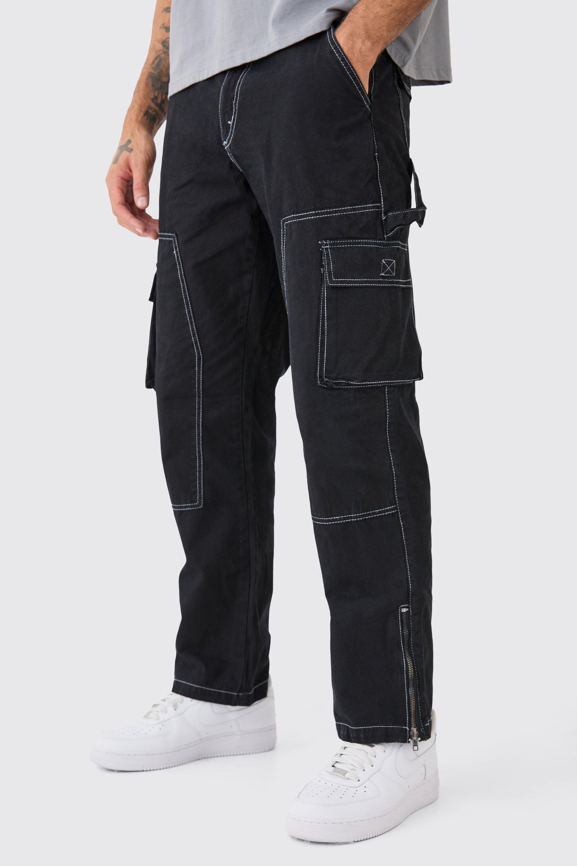 Mens Black Relaxed Carpenter Zip Hem Contrast Stitch Trouser, Black product image