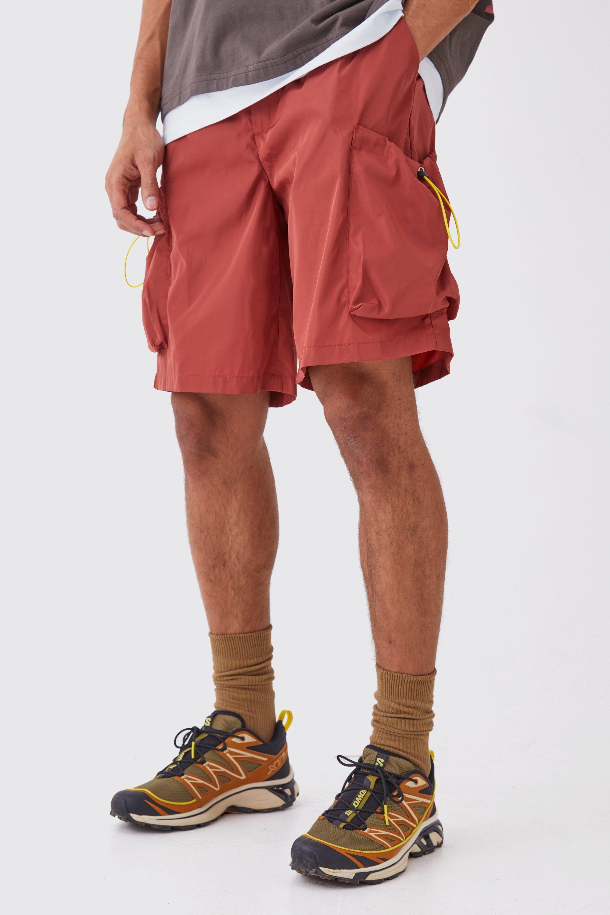 Mens Orange Relaxed Fit Nylon Cargo Shorts, Orange Product Image