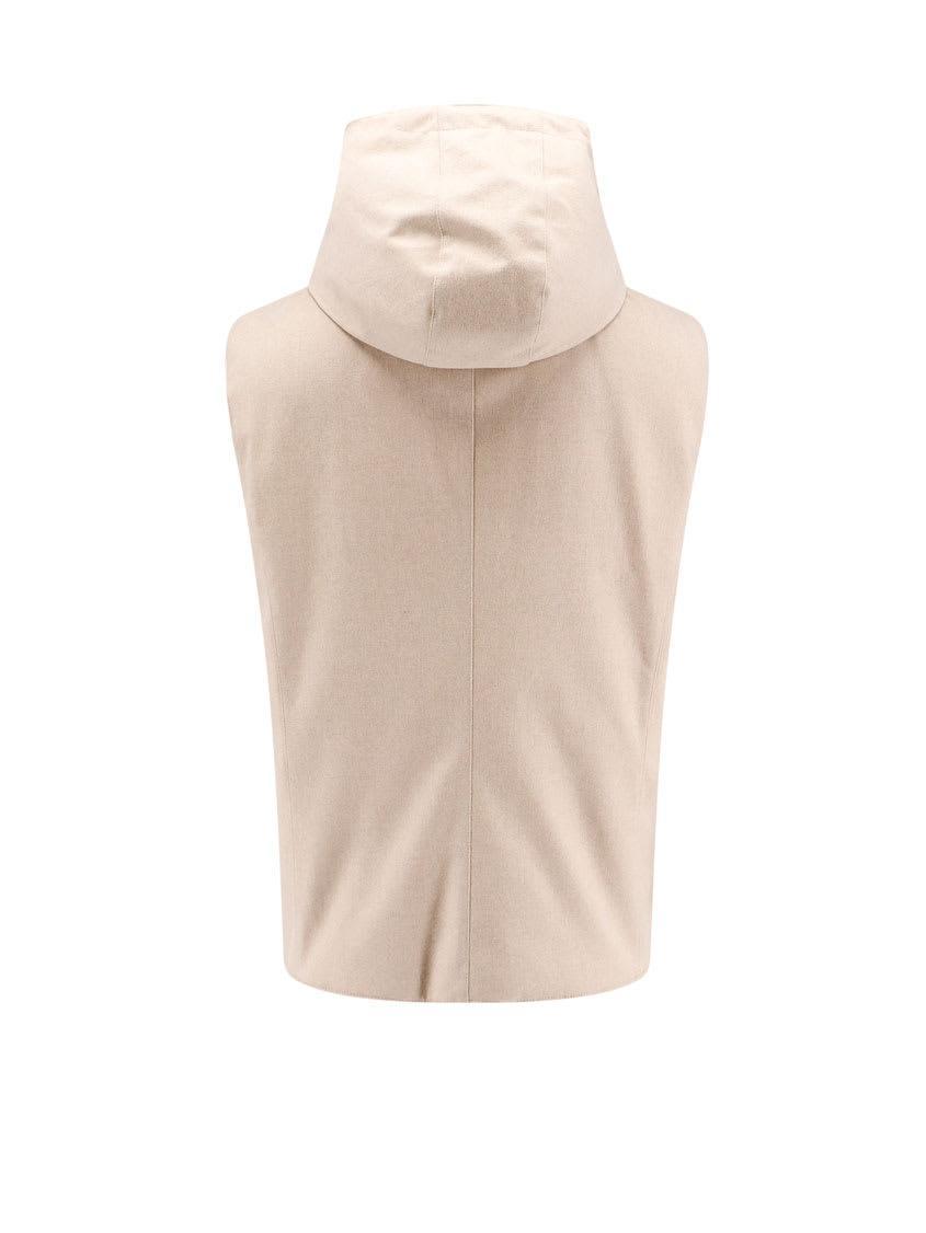 Flannel Hooded Down Vest In Beige Product Image