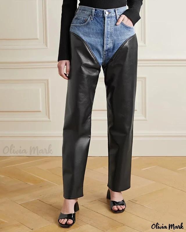 Olivia Mark – Stylish Casual Leather Patchwork Denim Straight Leg Pants for a Relaxing and Trendy Look Product Image