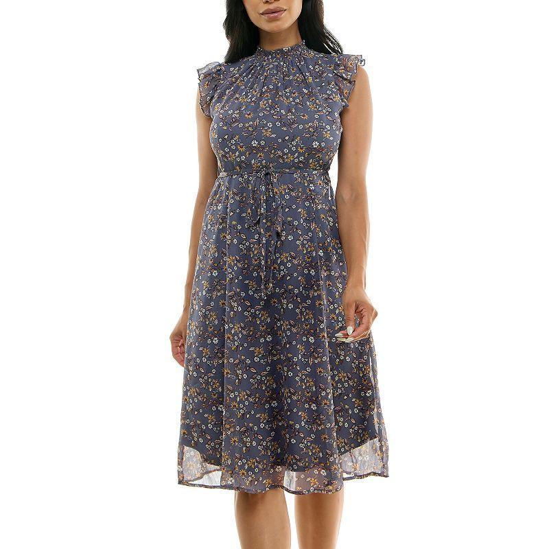 Womens Nina Leonard Smocked Flutter Sleeve Print Dress Rust Blue Team Product Image