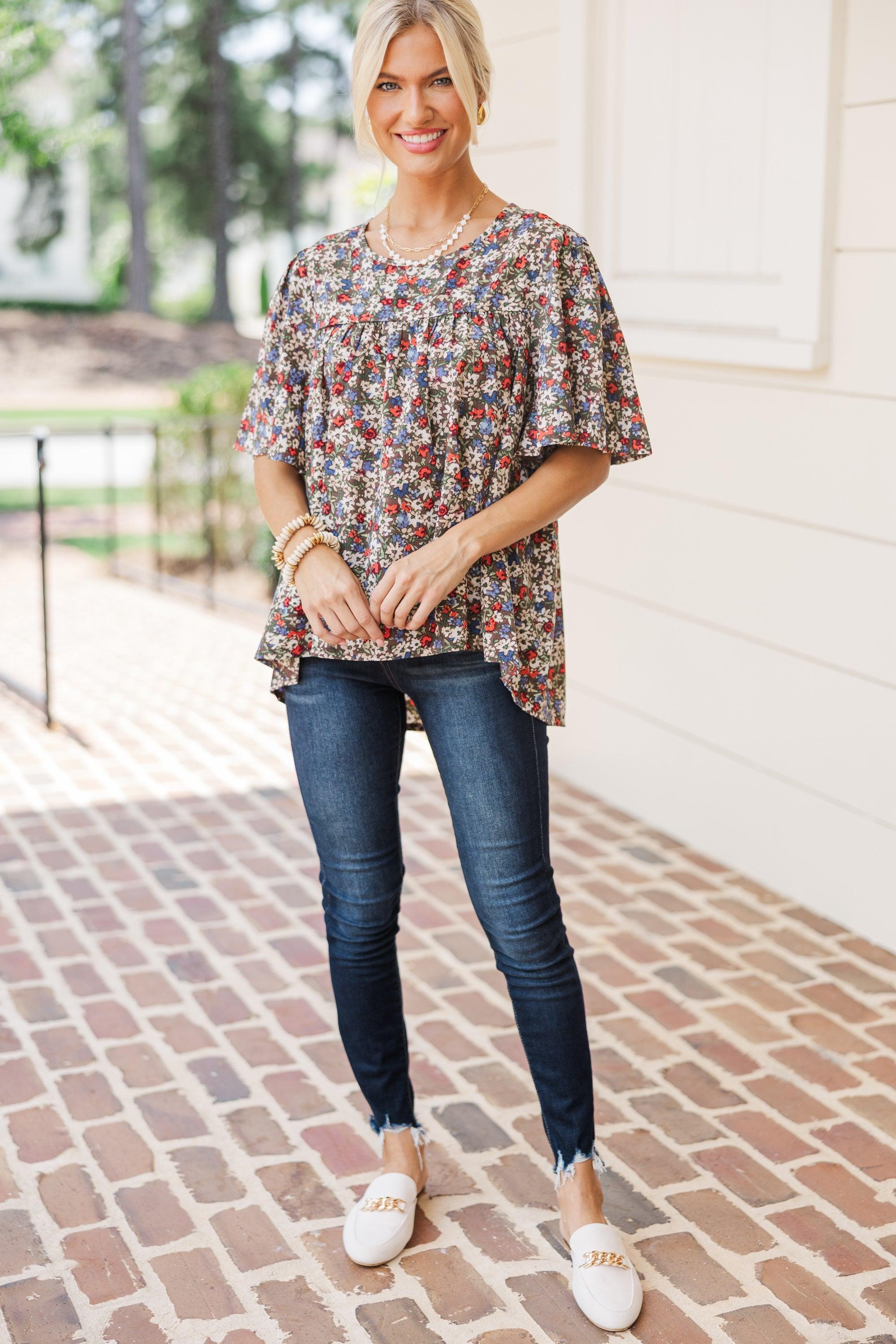 Walking Through Olive Green Ditsy Floral Blouse Female Product Image