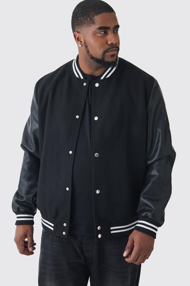 Plus Melton And PU Sleeve Varsity Jacket In Black | boohooMAN USA Product Image