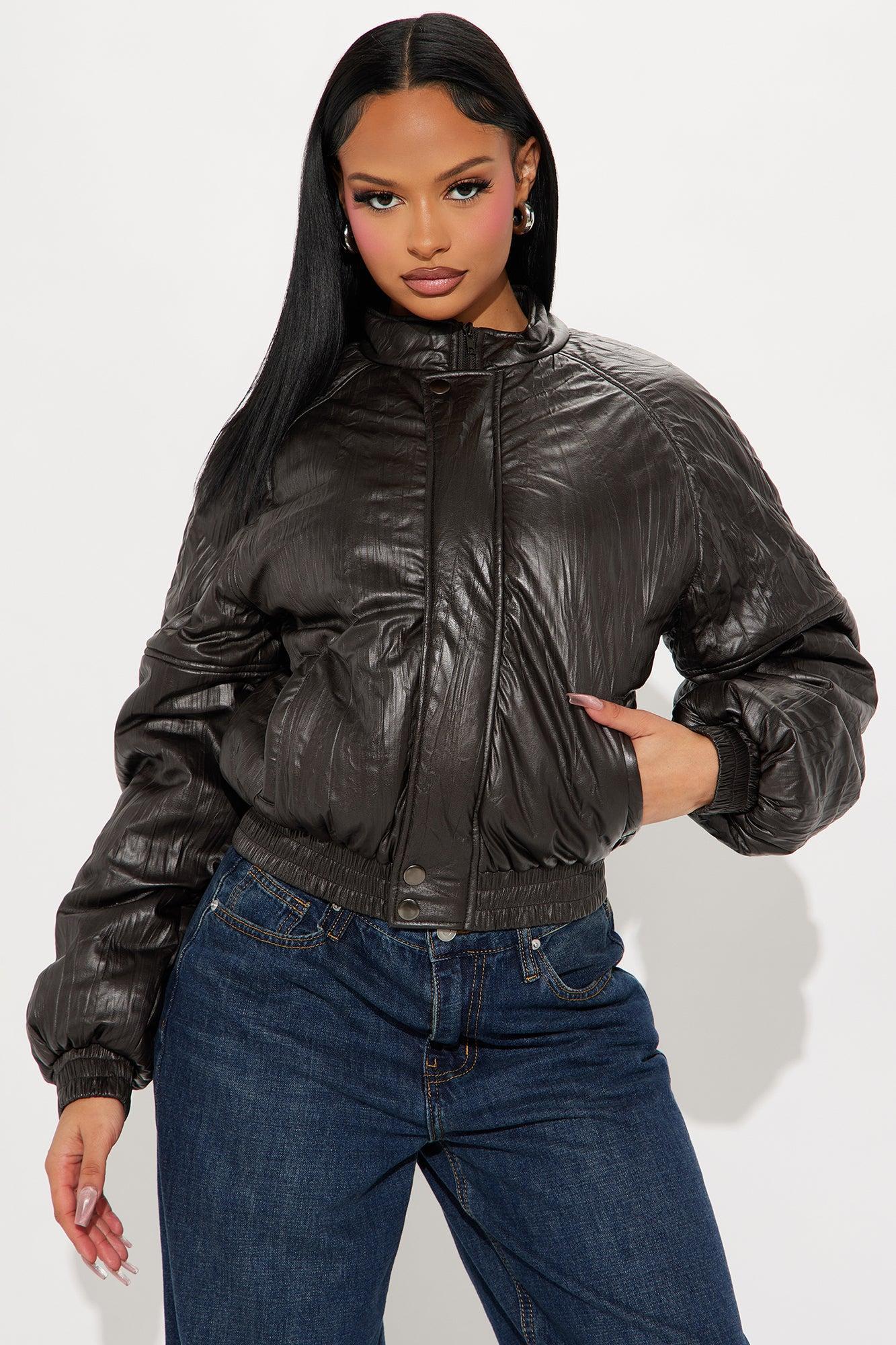 Bossed Up Crinkled Faux Leather Bomber Jacket - Charcoal Product Image