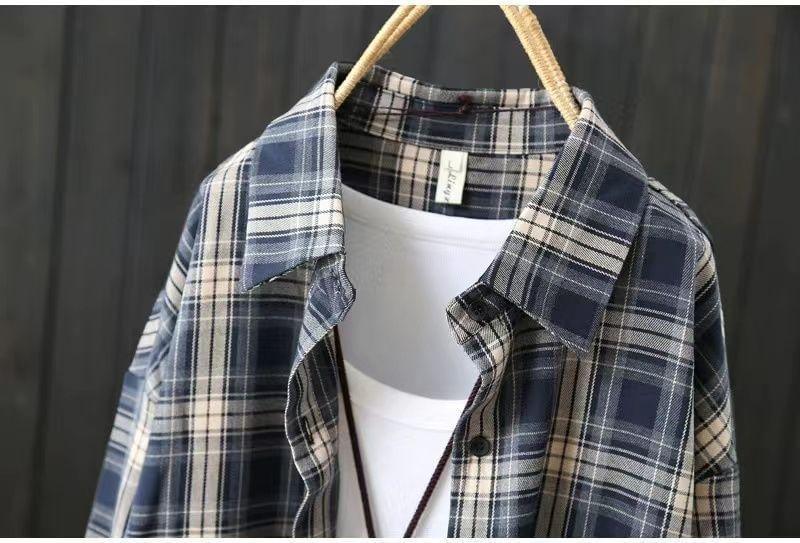 Long Sleeve Collared Plaid Shirt Product Image