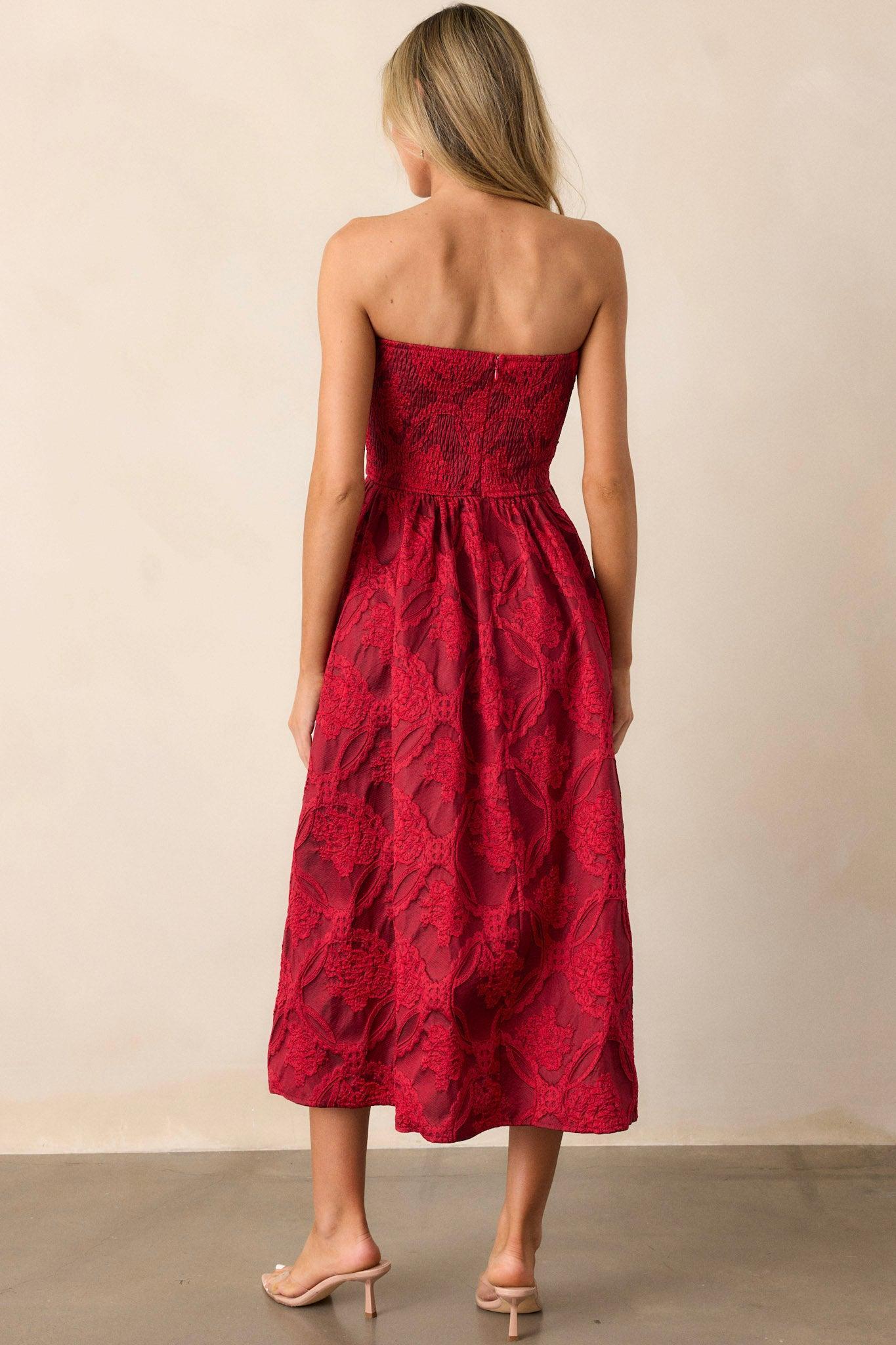 Moonstone Dreams Ruby Red Floral Jacquard Midi Dress Product Image