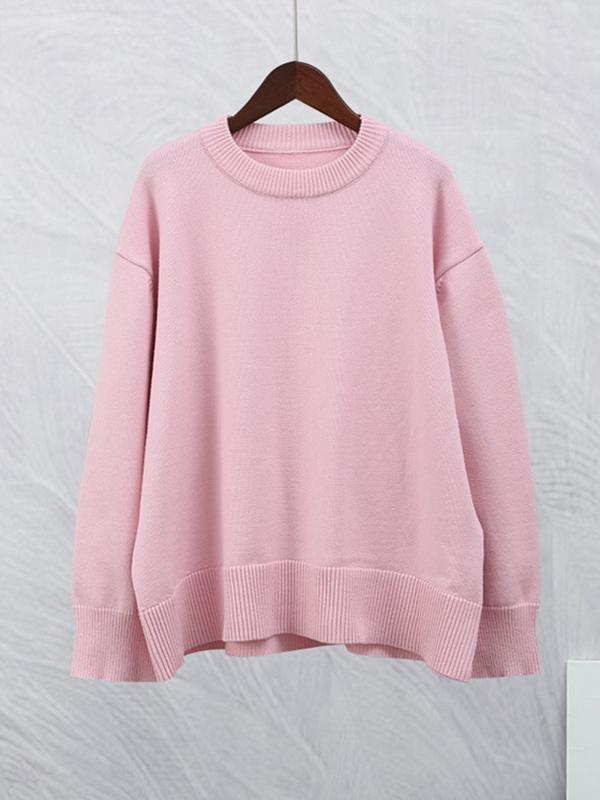 Long Sleeves Loose Solid Color Split-Joint Round-Neck Sweater Tops Product Image