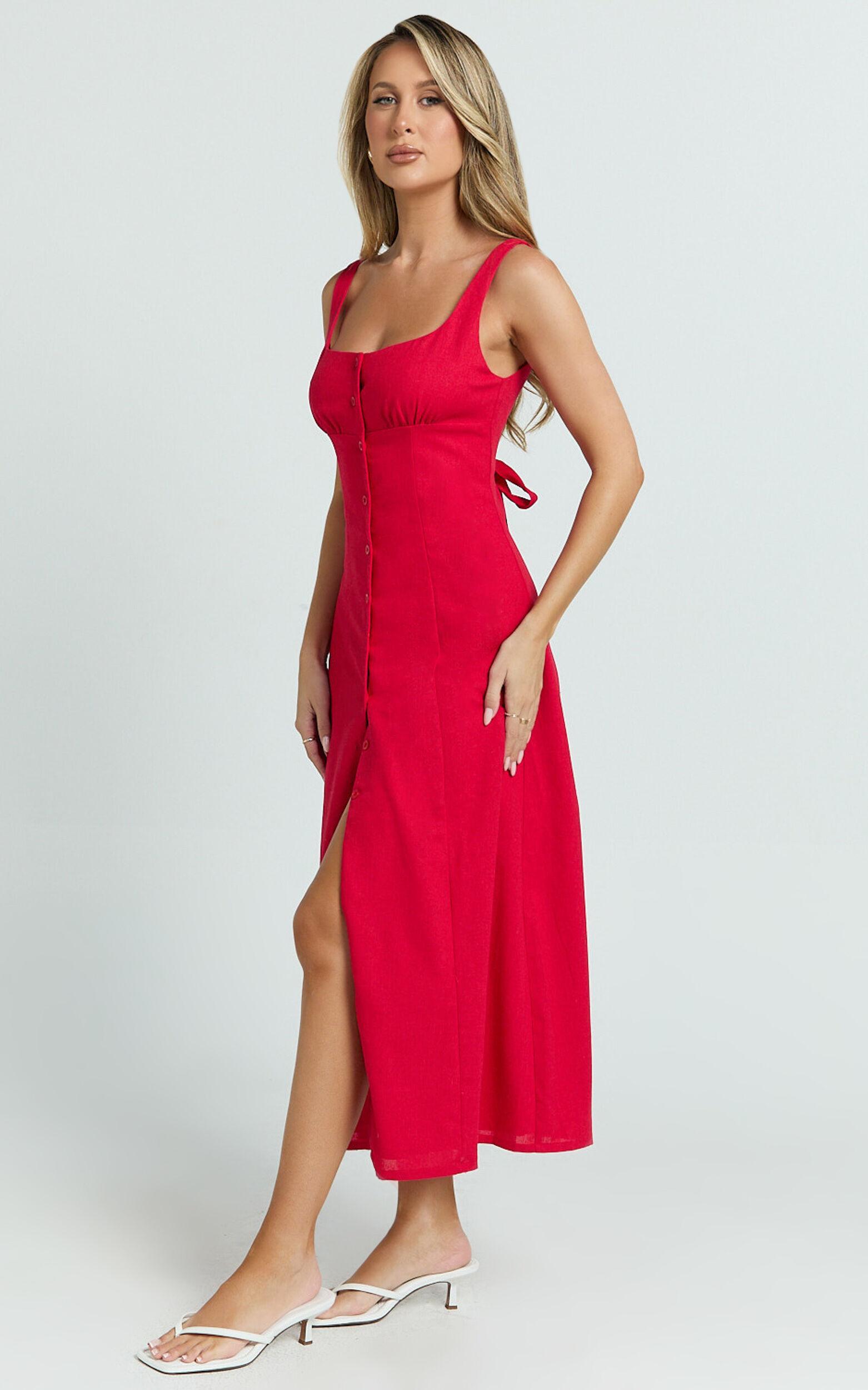 Cameron Midi Dress - Button Front Tie Back Dress in Red Product Image