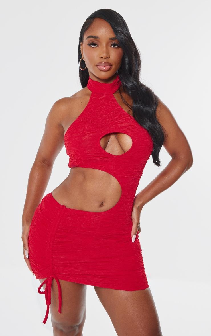 Shape Bright Red Textured High Neck Cut Out Bodycon Dress Product Image