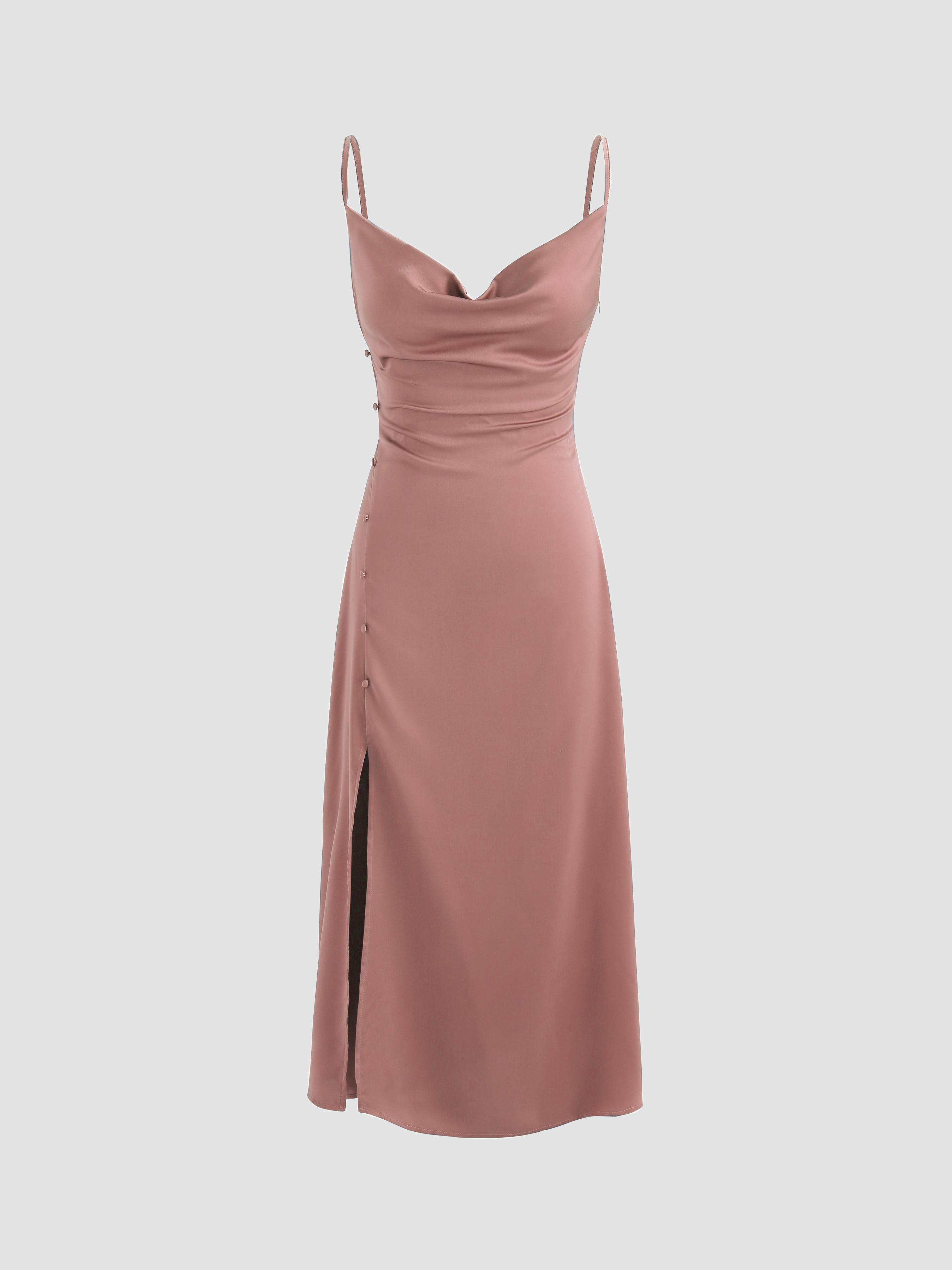 Solid Cowl Neck Slit Midi Dress Product Image