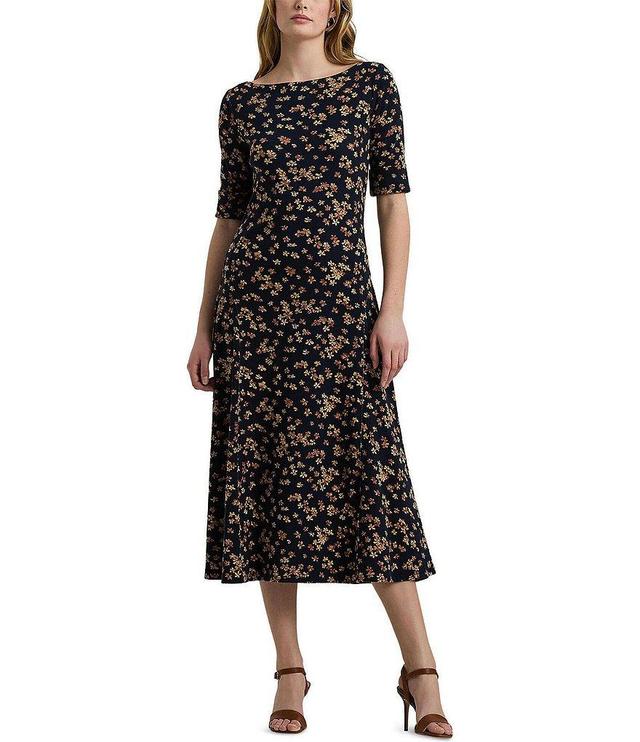 Lauren Ralph Lauren Floral Print Boat Neck Elbow Sleeve Fit And Flare Midi Dress Product Image