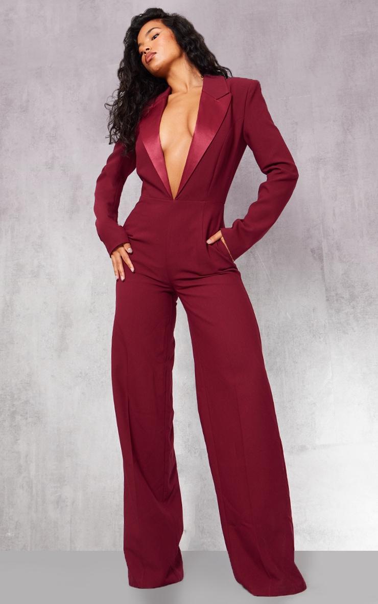 Burgundy Tailored Satin Lapel Straight Leg Jumpsuit Product Image