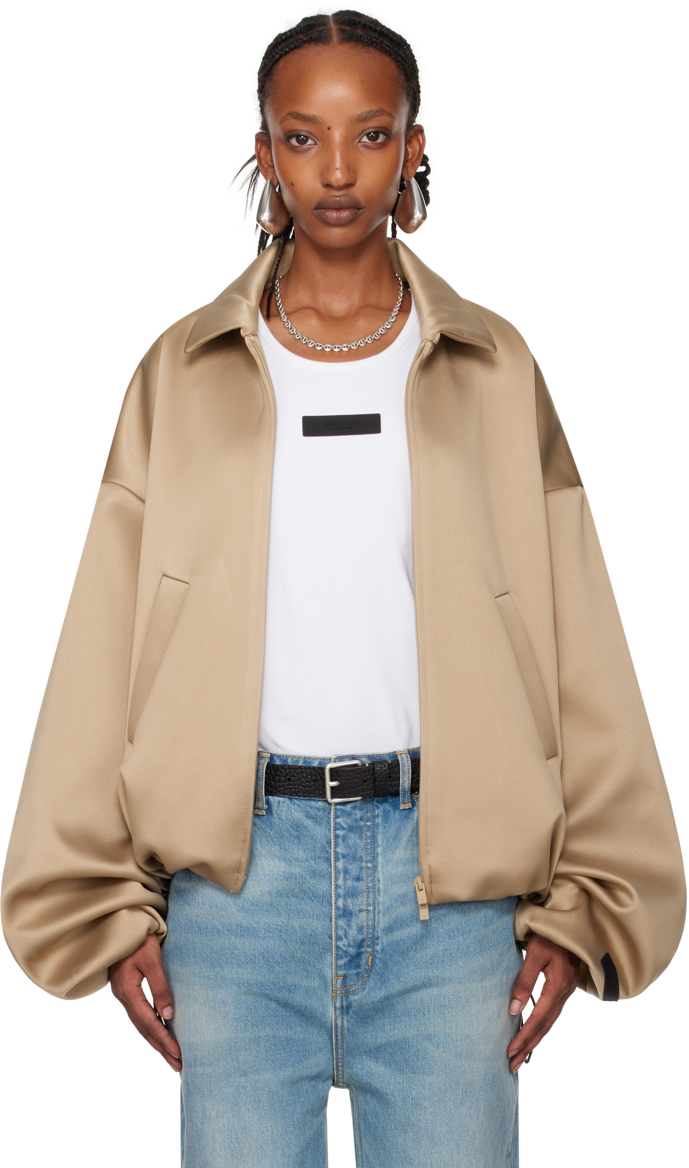 Beige Satin Bomber Jacket Product Image