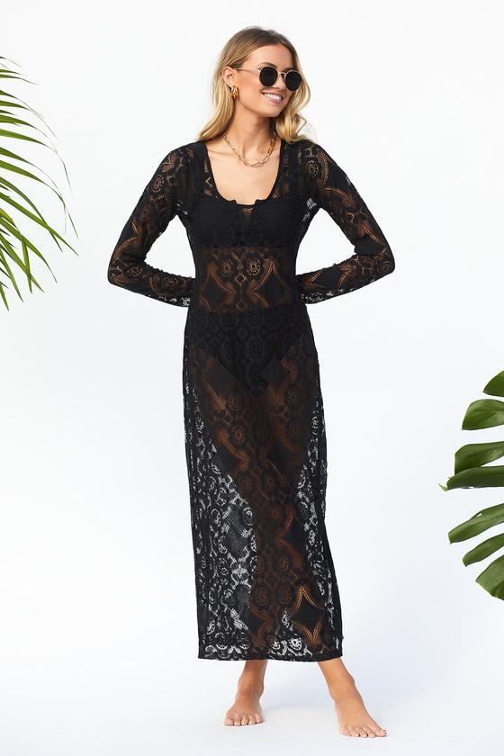 Sunny Sands Black Lace Long Sleeve Swim Cover-Up Product Image