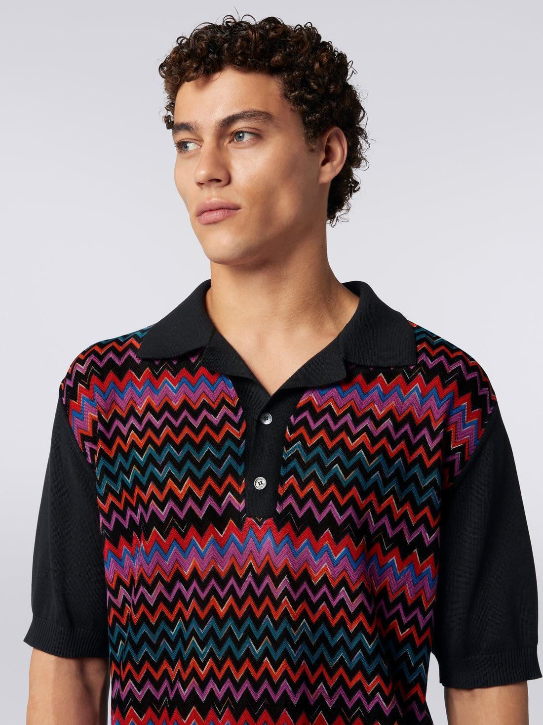 Short-sleeved polo shirt in cotton, viscose and silk chevron Black | Missoni Product Image