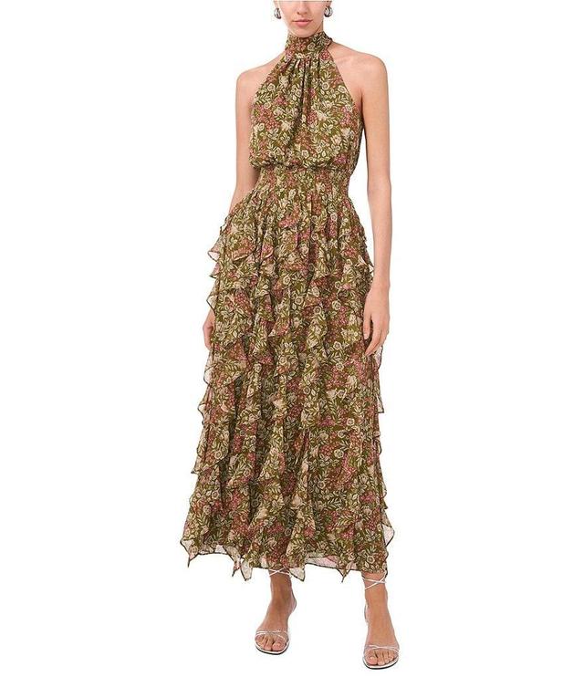 1. STATE Floral Yoryu Halter Bow Tie Neck Sleeveless Smocked Waist Running Ruffle A-Line Flounce Maxi Dress Product Image