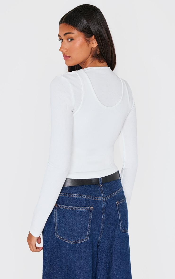 Cream Ribbed Double Layer Detail Long Sleeve Top Product Image