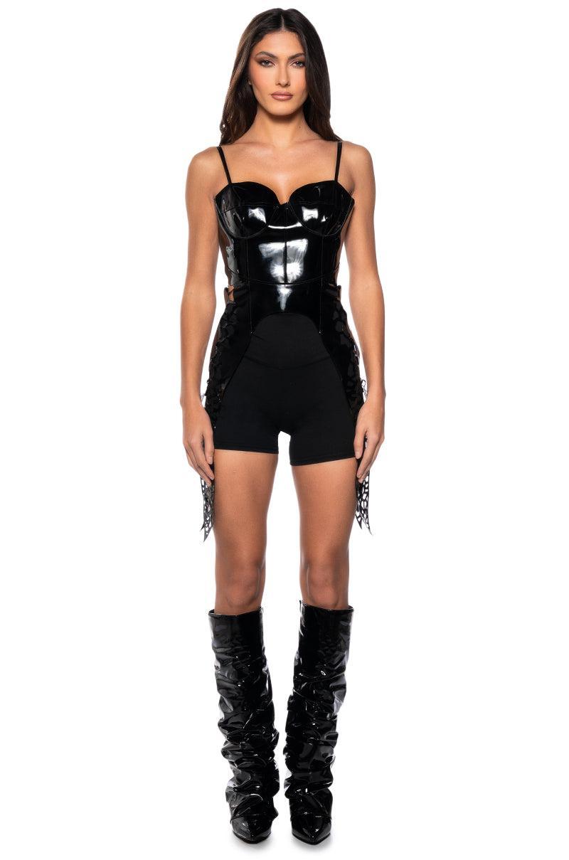 SAFE ON MY OWN VINYL CORSET TOP IN BLACK Product Image