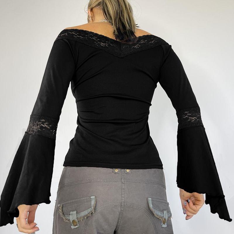 Off-The-Shoulder Long Sleeve Plain Lace Trim T-Shirt Product Image