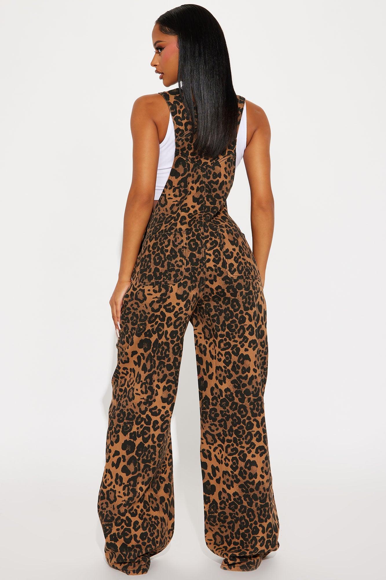 Causing A Scandal Leopard Print Denim Overalls - Brown/combo Product Image