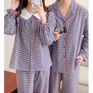 Couple Matching Pajama Set:  Long-Sleeve Collar Plaid Button Top + Pants (Various Designs) Product Image