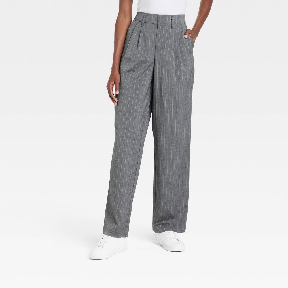 Womens High-Rise Pleat Front Straight Trousers - A New Day Charcoal Pinstripe 10 Short product image